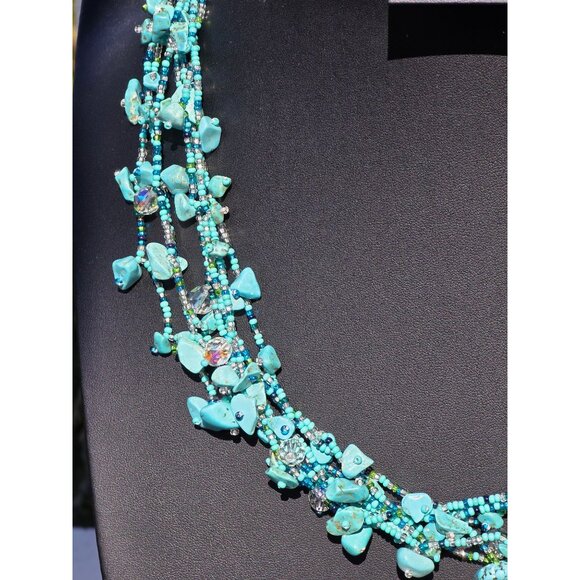 Multistrand Turquoise Chips & Beads Necklace With Silver-Tone Magnetic Clasp 18" - Picture 2 of 12